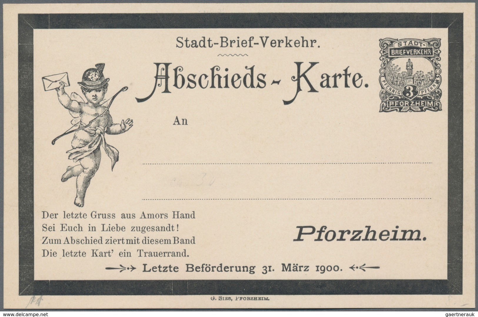 Deutsches Reich - Privatpost (Stadtpost): PFORZHEIM: Stadtbrief-Verkehr, 3 Pfg. Schwarz, Abschiedska - Private & Lokale Post