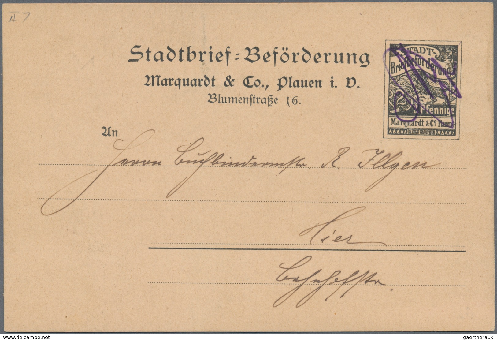 Deutsches Reich - Privatpost (Stadtpost): PLAUEN: Stadt-Briefbeförderung Marquardt U. Co, 2 Pfg. Sch - Posta Privata & Locale