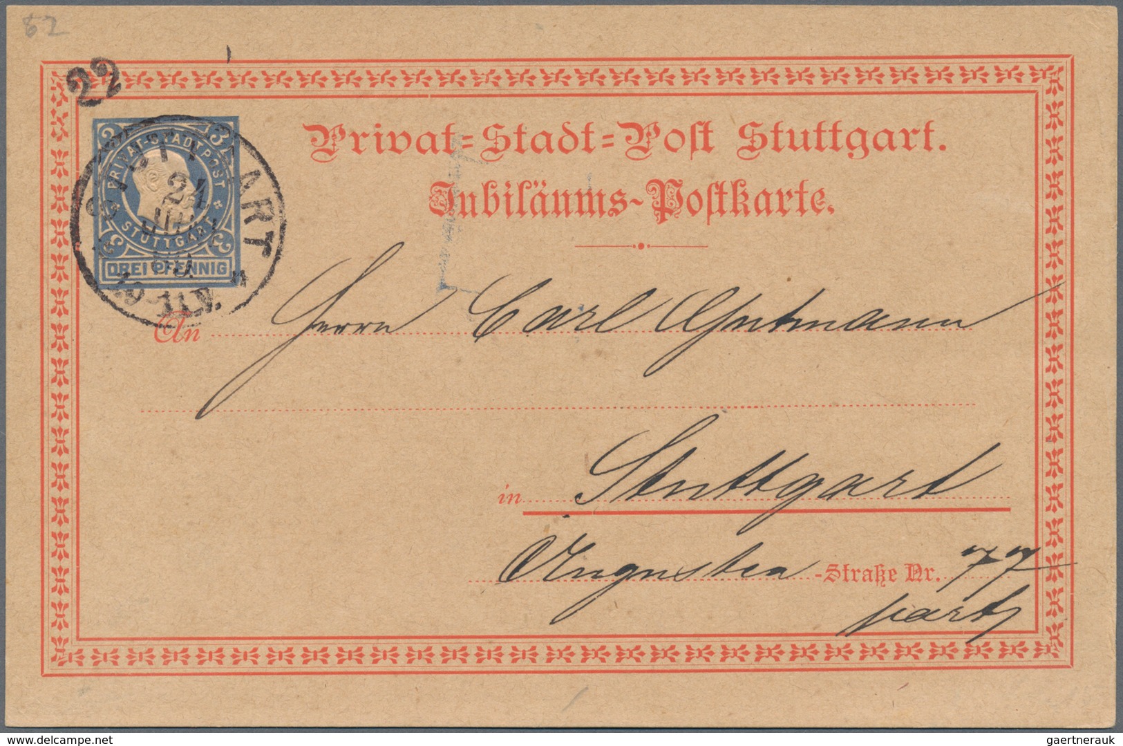 Deutsches Reich - Privatpost (Stadtpost): STUTTGART: Privat Stadtpost, König Karl 3 Pfg. Blau Jubilä - Private & Lokale Post