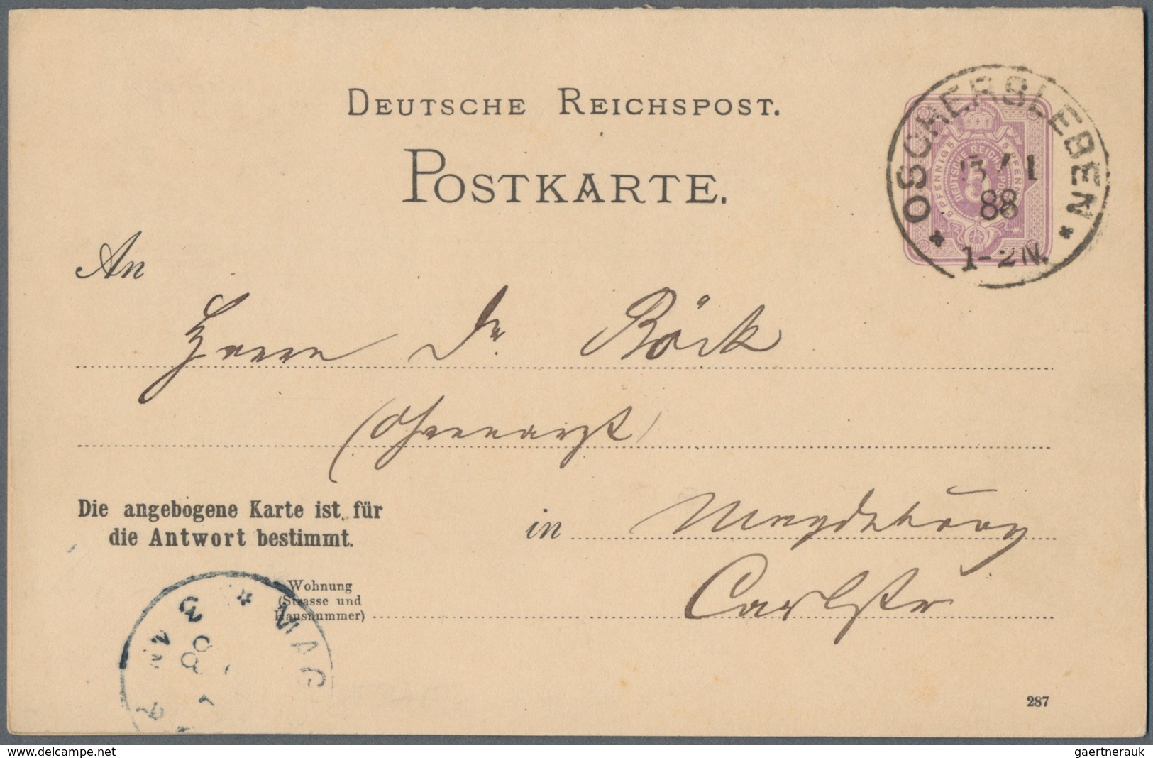 Deutsches Reich - Ganzsachen: 1888. Doppelkarte 5 Pfg Ziffer. Gebraucht Von "Oschersleben 13.1.88" N - Altri & Non Classificati