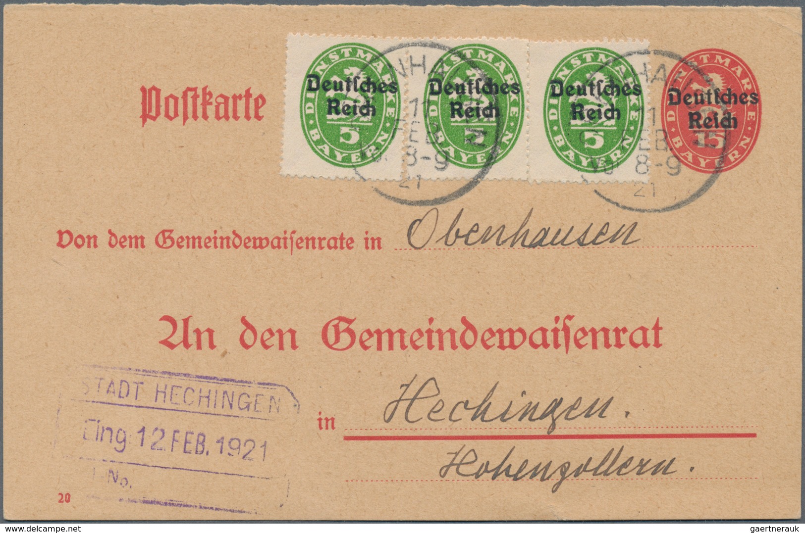 Deutsches Reich - Ganzsachen: 1921. Gemeindewaisenratsteil Der Dienstpostkarte 15 Pf Bayern "Deutsch - Altri & Non Classificati