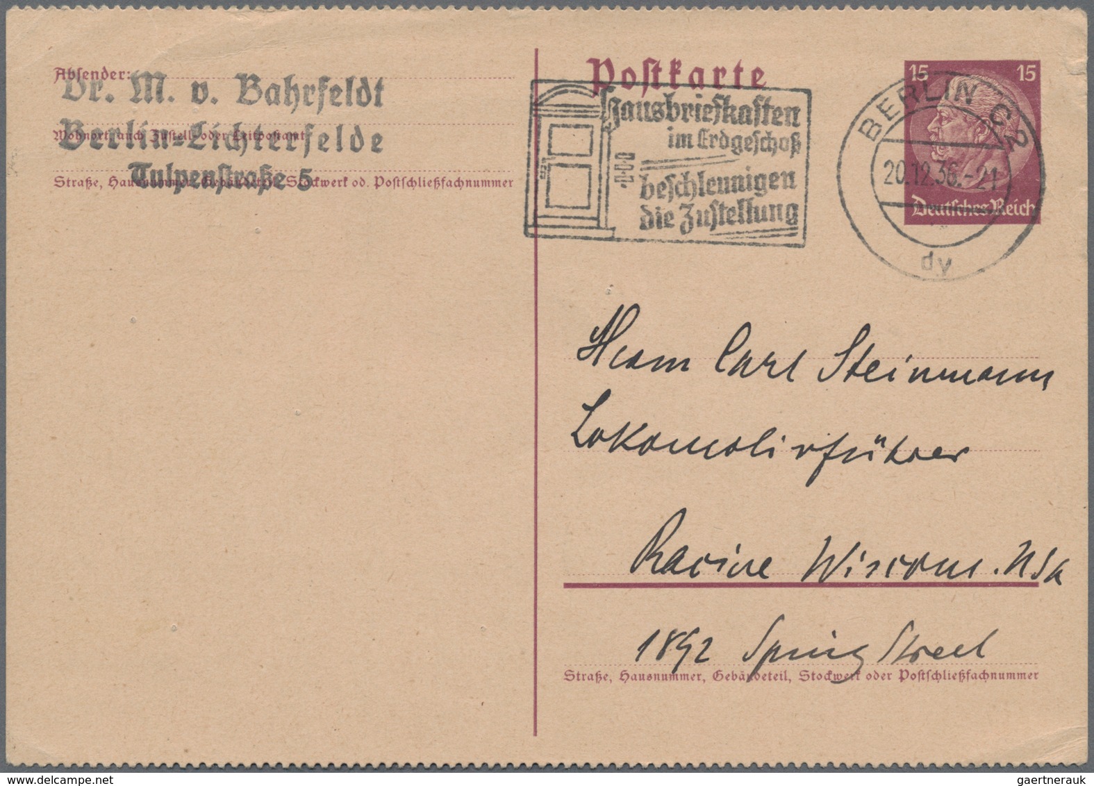 Deutsches Reich - Ganzsachen: 1936. Postkarte 15 Pf Hindenburg (gezähnt). Mit Masch.-Stpl. "Berlin C - Andere & Zonder Classificatie