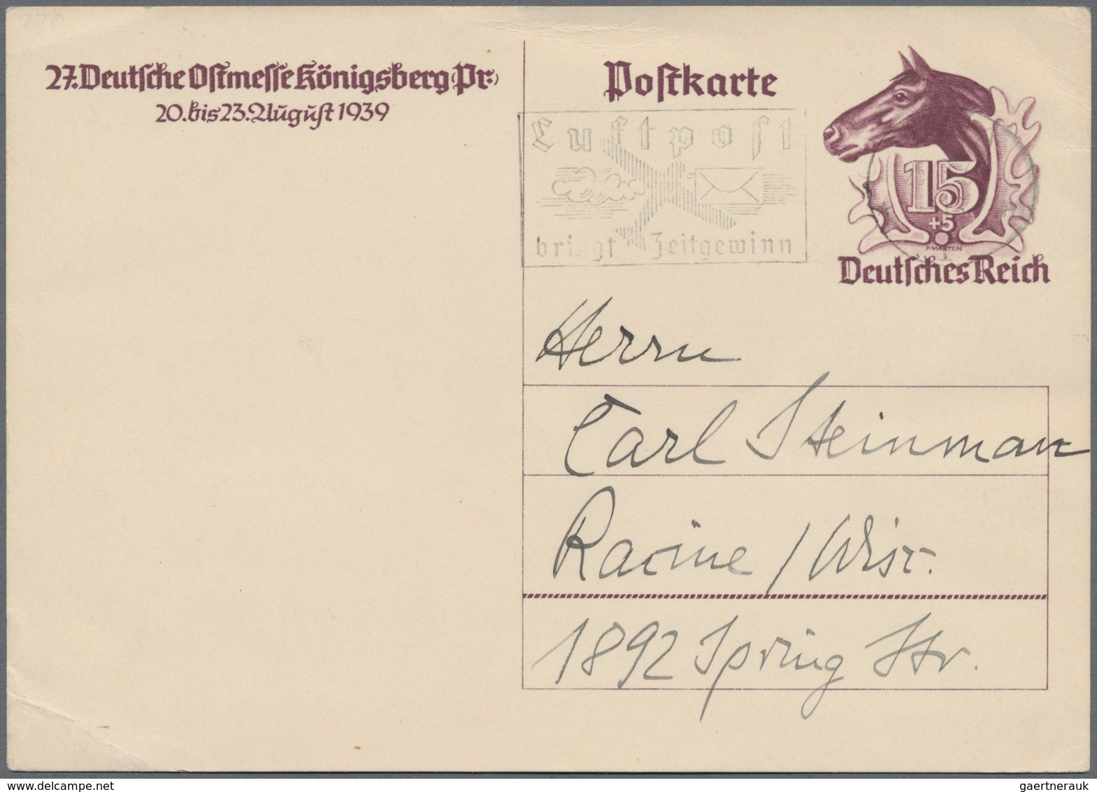 Deutsches Reich - Ganzsachen: 1939. Postkarte 15+5 Pf Ostmesse Königsberg. Mit Masch.-Stpl. "Jena 25 - Andere & Zonder Classificatie