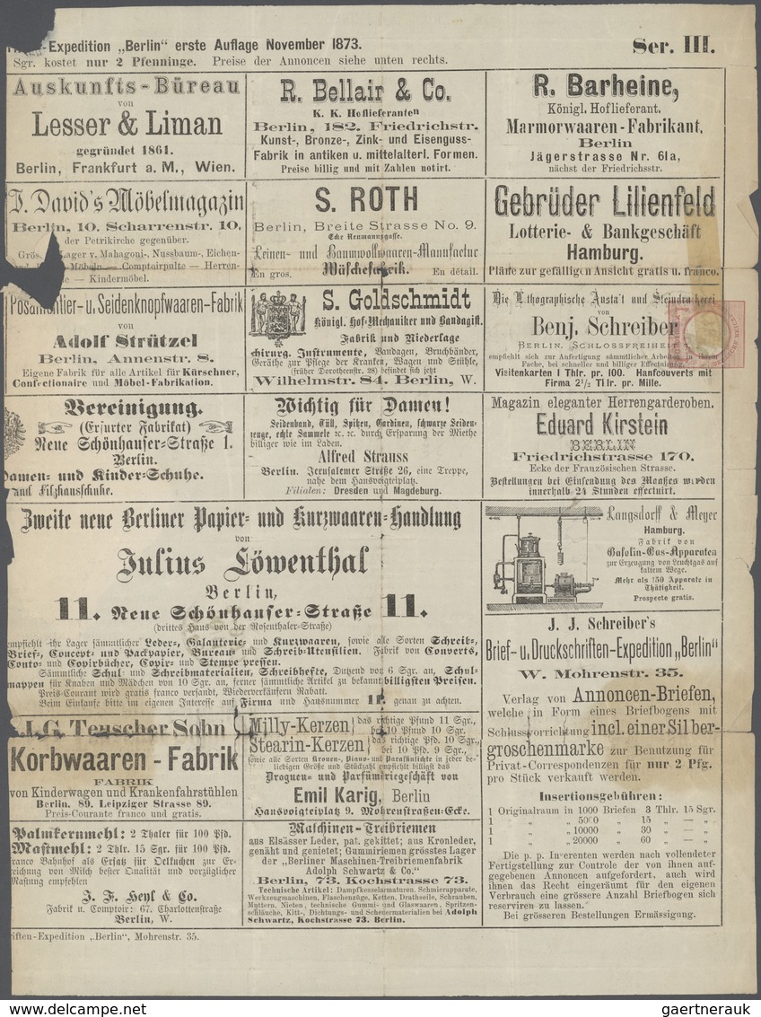 Deutsches Reich - Privatganzsachen: 1872, Private Annoncenbrief-Ganzsache 1 Gr. "(J.J.Schreibers..) - Altri & Non Classificati