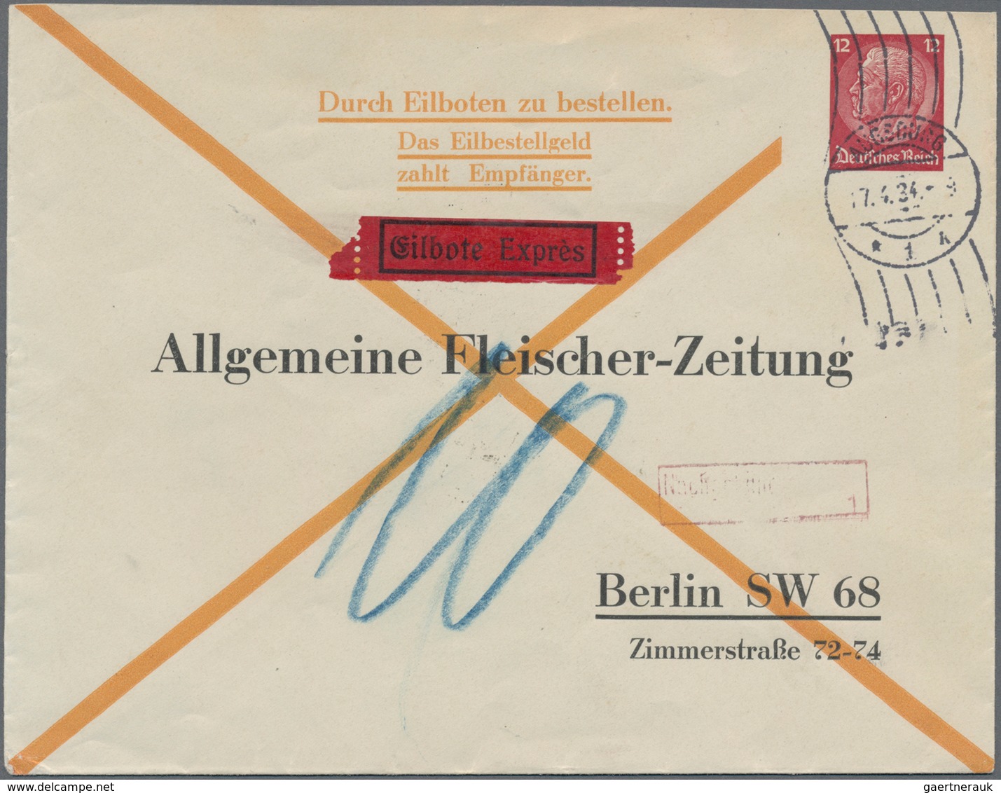 Deutsches Reich - Privatganzsachen: 1934. Privat-Umschlag "Allgemeine Fleischer-Zeitung", Mit Eilbot - Altri & Non Classificati