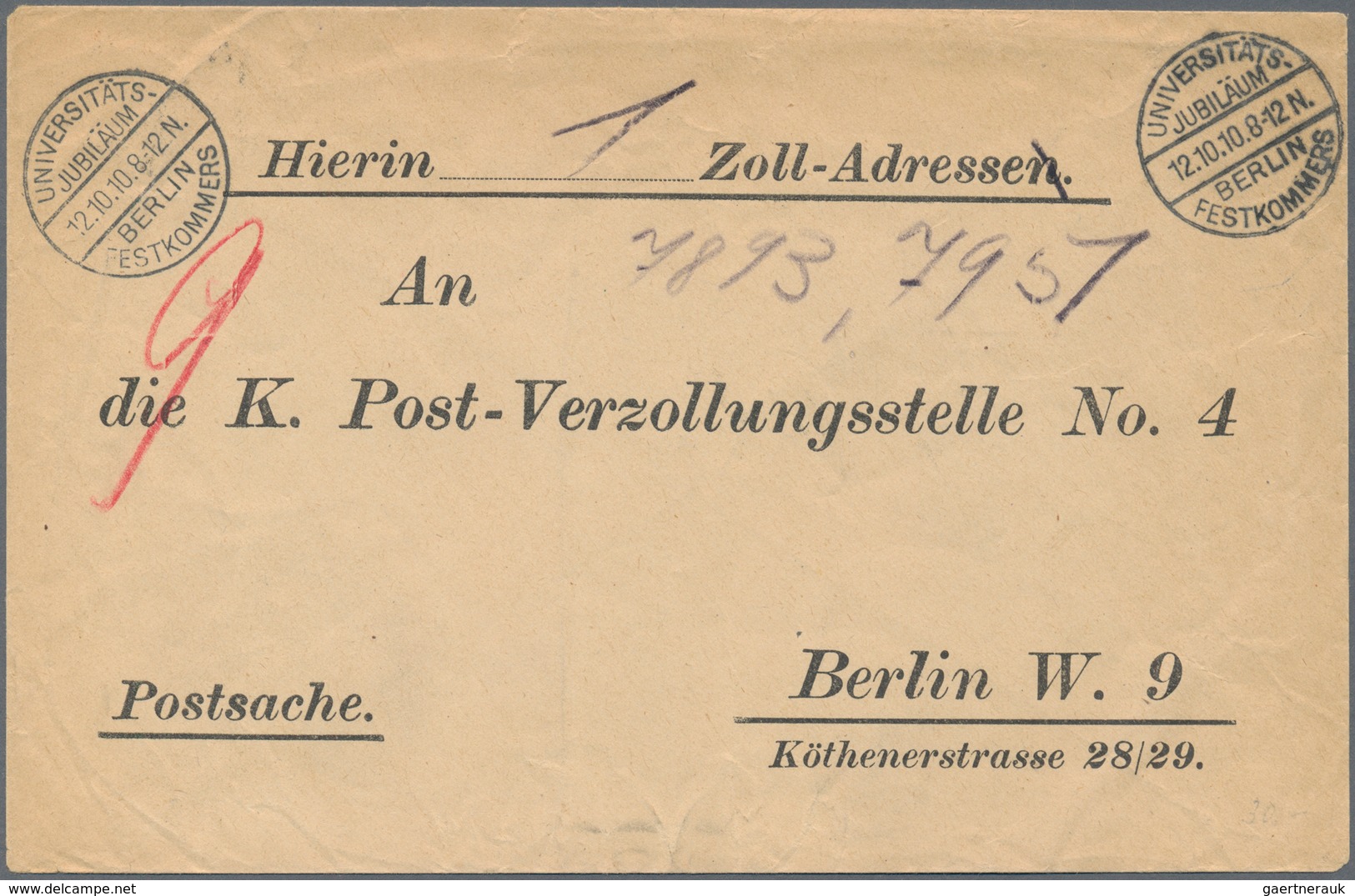 Deutsches Reich - Stempel: 1910, Berlin "UNIVERSITÄTS JUBILÄUM FESTKOMMERS 12.10." 2x Sonderstempel - Maschinenstempel (EMA)