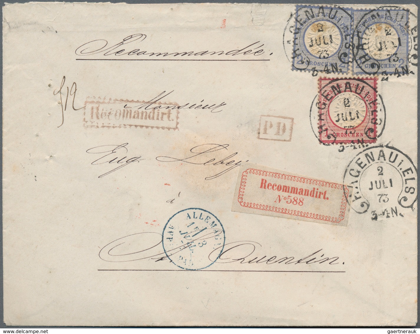Deutsches Reich - Hufeisenstempel: HAGENAU I.ELS. 2 JULI 73 (Spal. Nr. 16) Auf Einschreiben Mit Selt - Frankeermachines (EMA)