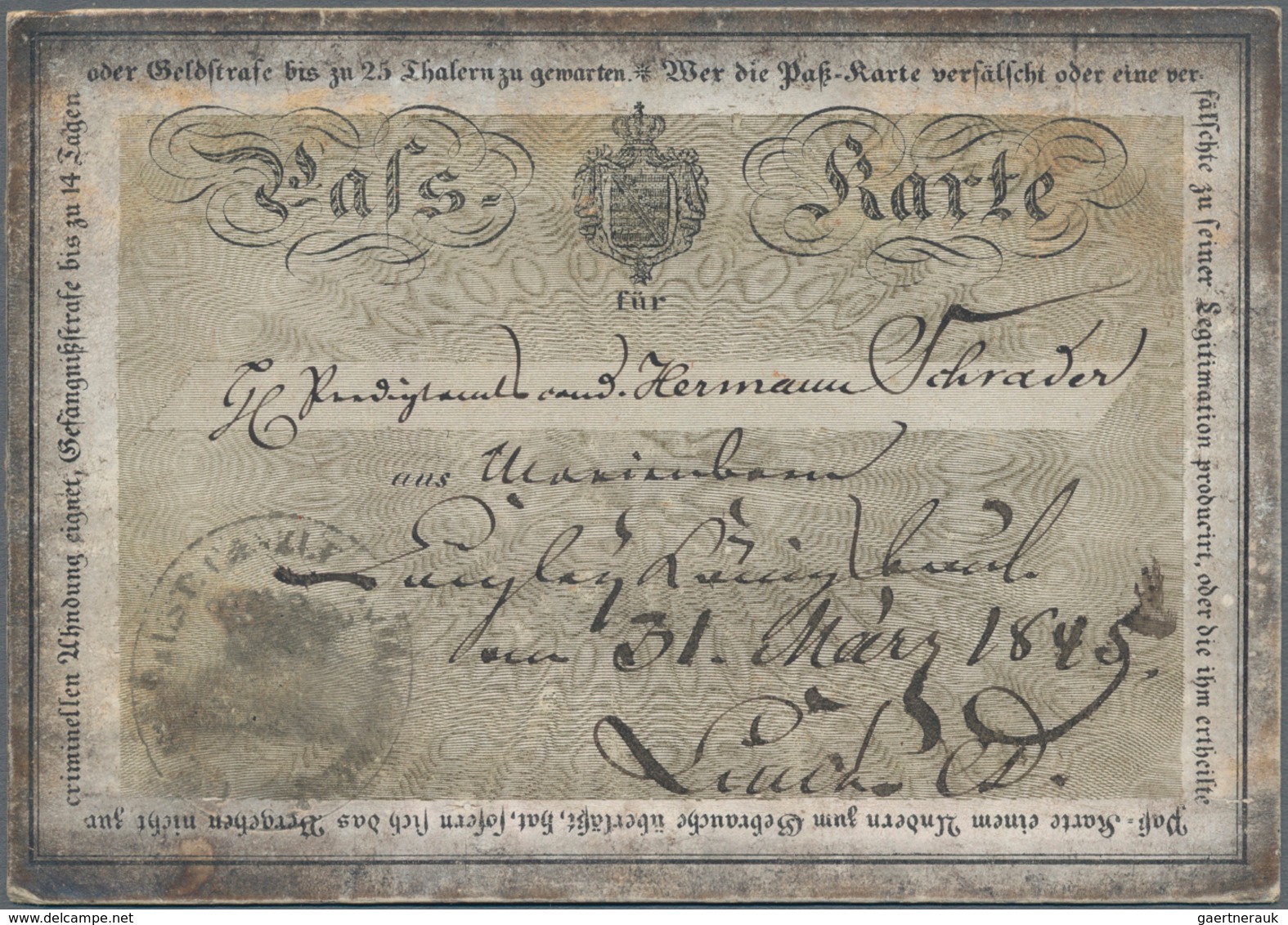 Deutsches Reich - Besonderheiten: 1848, 2.May, Marienborn, Gesiegelte Legitimationsbestätigung Für H - Autres & Non Classés
