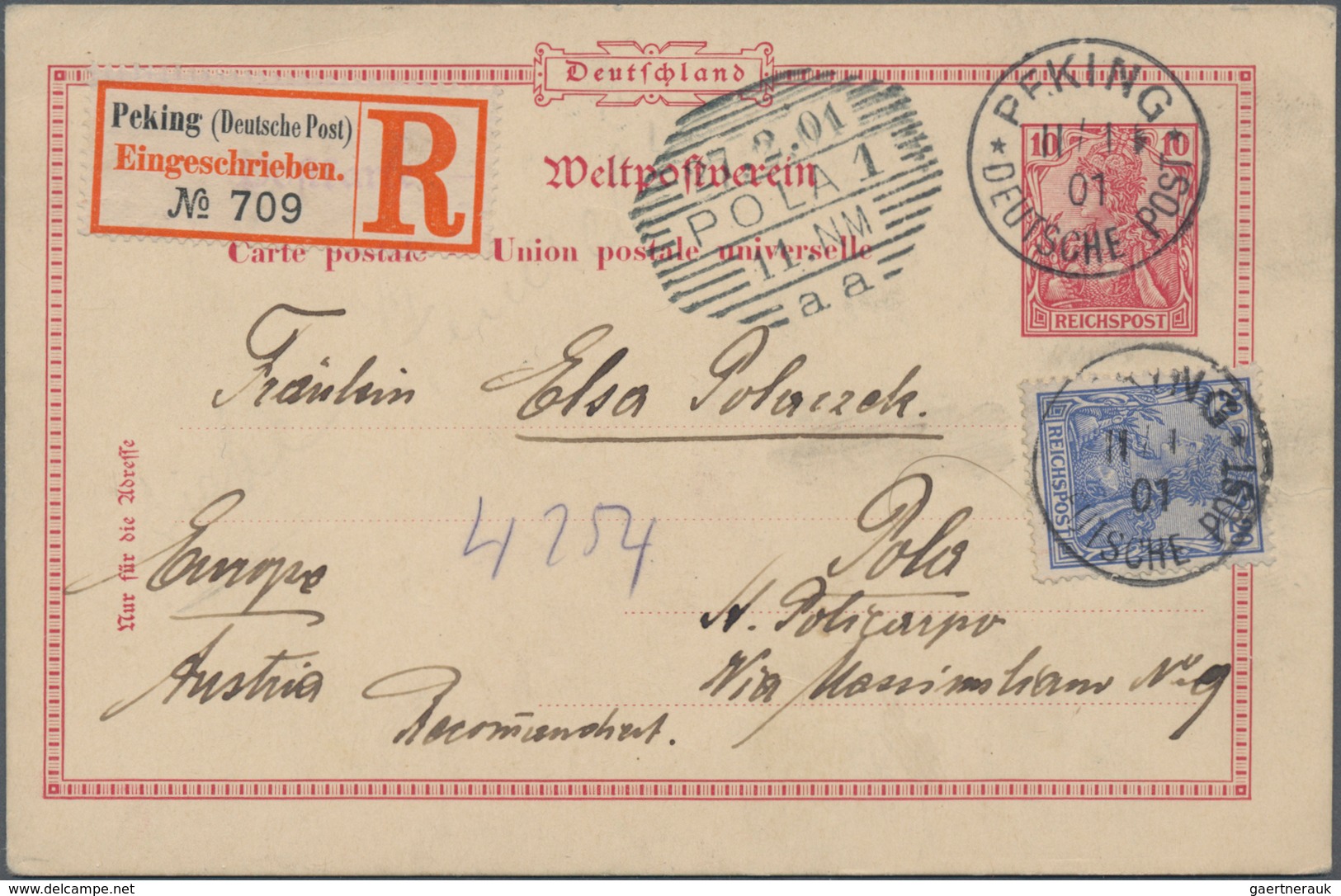 Deutsche Post In China: 1901, Petschili: Germania 20 Pf. Auf Germania UPU-Karte 10 Pf. Ab "PEKING 1/ - China (kantoren)