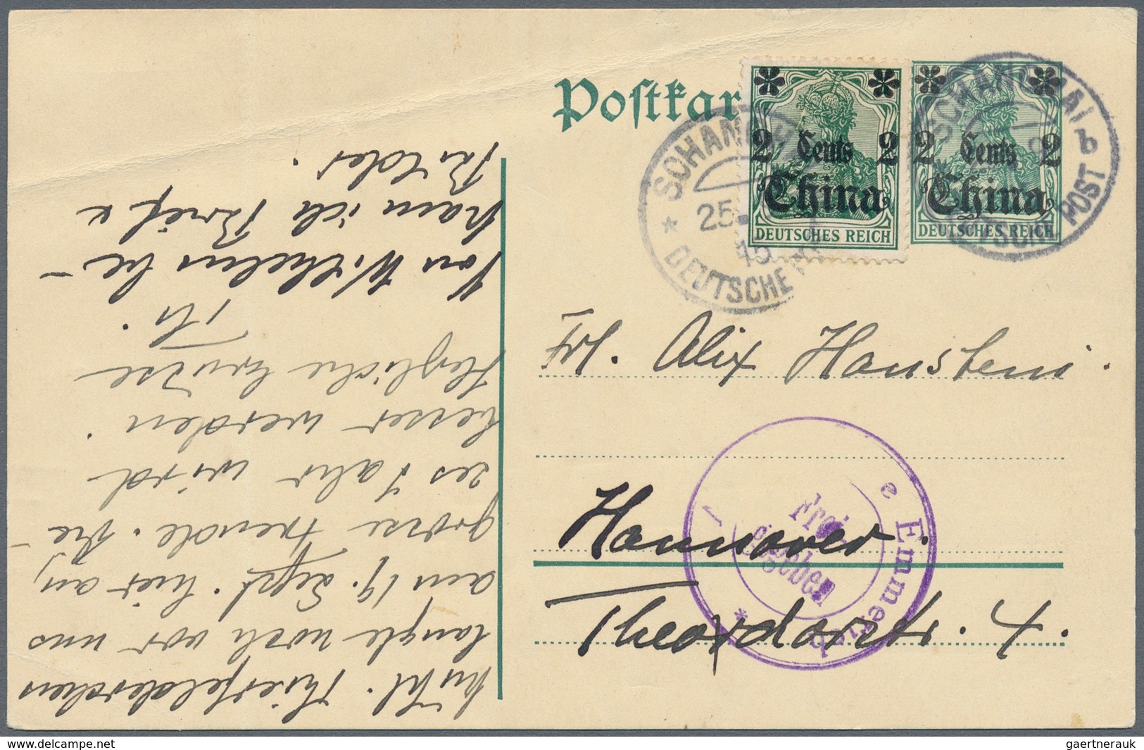 Deutsche Post In China: 1915, Private Ganzsachenkarte 2 Cent Auf 5 Pfg. Germania Mit Wertgleicher Zu - China (kantoren)