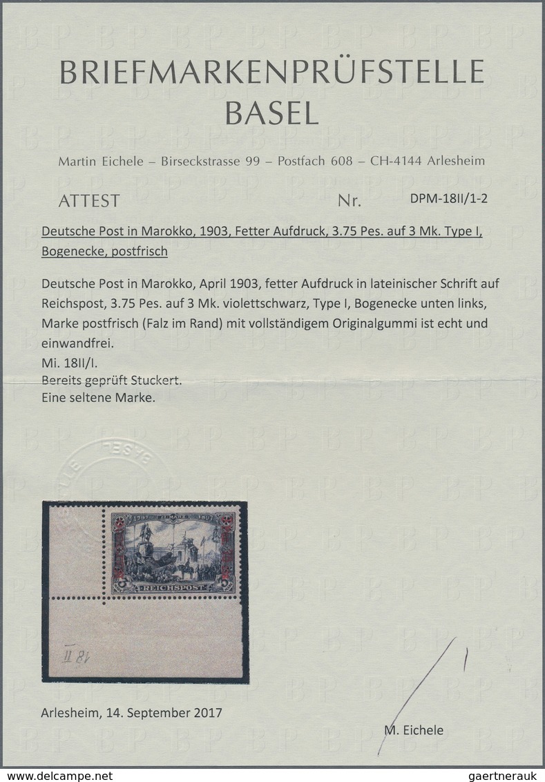 Deutsche Post In Marokko: 1903, 3 Pes. 75 Cts. A. 3 Mk. Reichspost Type I Mit Fettem Aufdruck Aus De - Marocco (uffici)