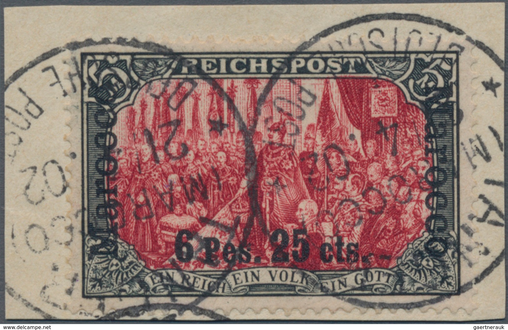 Deutsche Post In Marokko: 1900, 6 P 25 C Auf 5 Mark Reichspost, Type I, Tadellose Marke Auf Grauem B - Marocco (uffici)