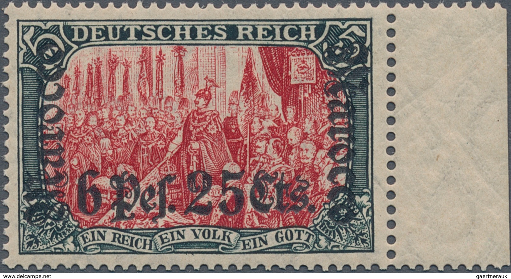 Deutsche Post In Marokko: 1906, 6 Pes. 25 Cts. Auf 5 Mark Postfrisch, Rechtes Randstück. - Marokko (kantoren)