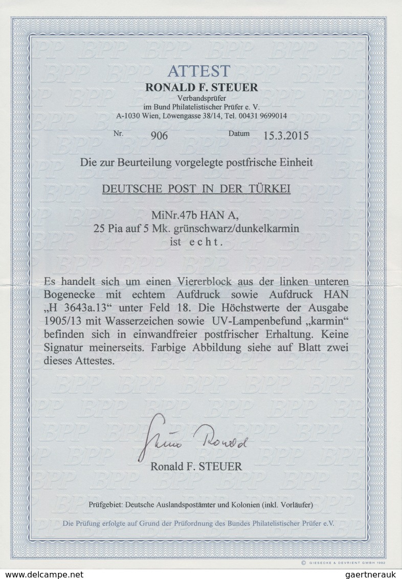 Deutsche Post In Der Türkei: 1905, 25 Pia Auf 5 Mark Aus Der Linken Unteren Bogenecke Mit HAN "H 364 - Turkse Rijk (kantoren)