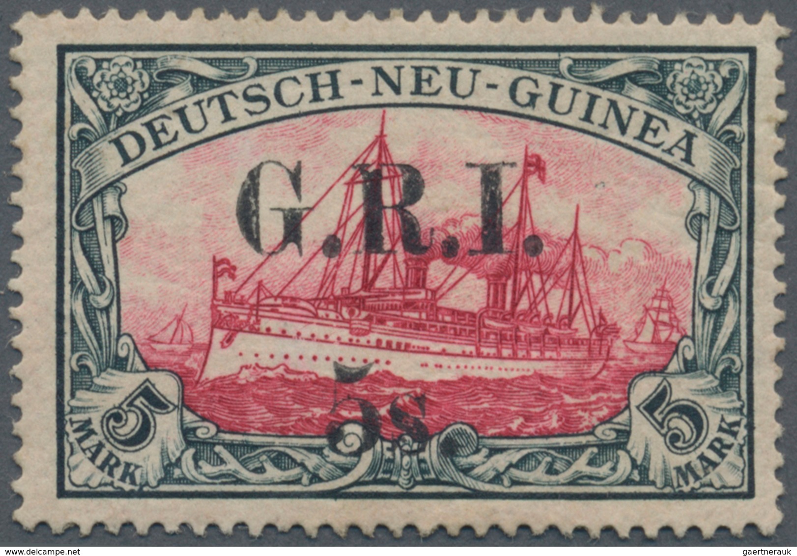 Deutsch-Neuguinea - Britische Besetzung: 1914: 5 S. Auf 5 M. Grünschwarz/dunkelkarmin, Aufdruck 'G.R - Nuova Guinea Tedesca