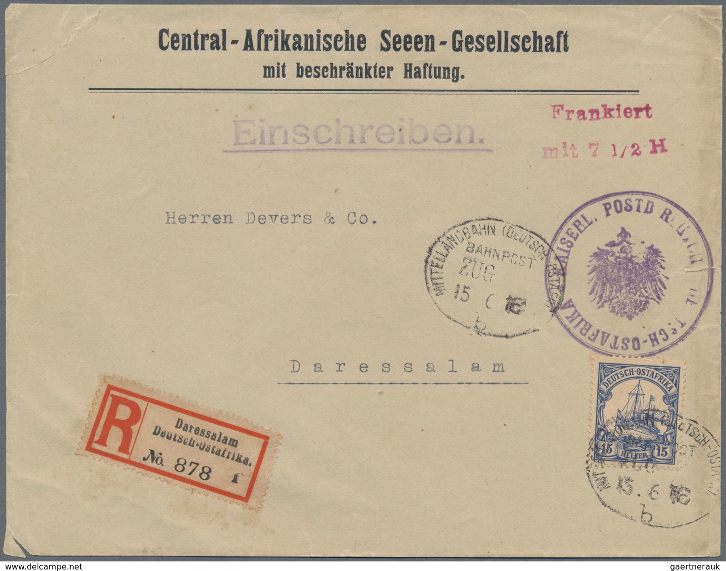 Deutsch-Ostafrika: 1916, Voraus Frankierter Umschlag Mit Frankostempel "7 1/2 H" In Rot Mit Zusatzfr - Africa Orientale Tedesca