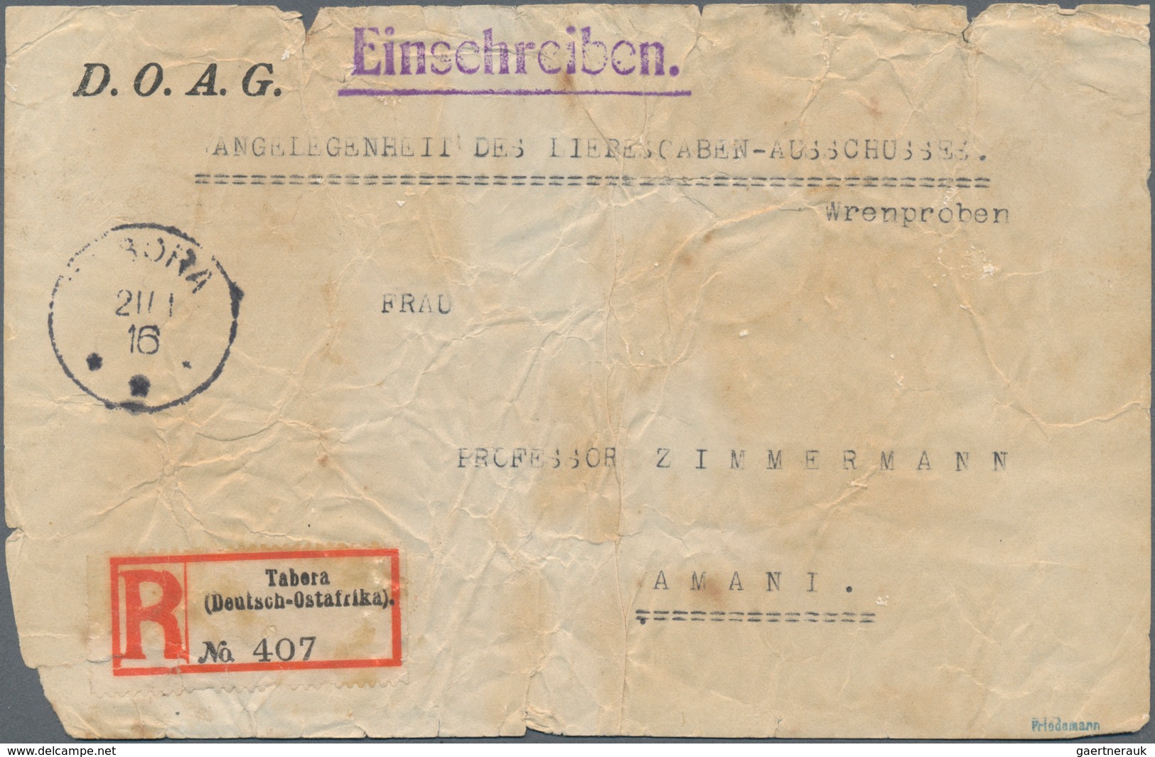 Deutsch-Ostafrika: 1916, Adresszettel "ANGELEGENHEIT DES LIEBESGABEN-AUSSCHUSSES", Per Einschreiben - Duits-Oost-Afrika