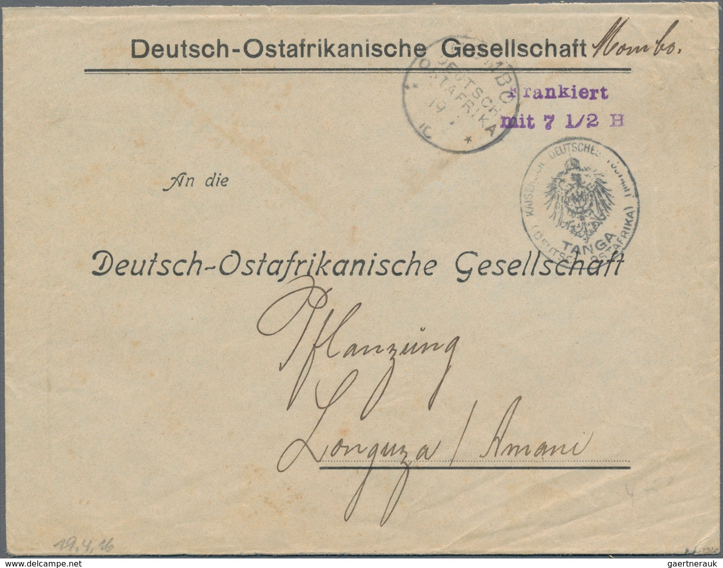 Deutsch-Ostafrika - Ganzsachen: 1916, Vorfrankierter Umschlag Mit Violettem L2 "Frankiert Mit 7 1/2 - Duits-Oost-Afrika