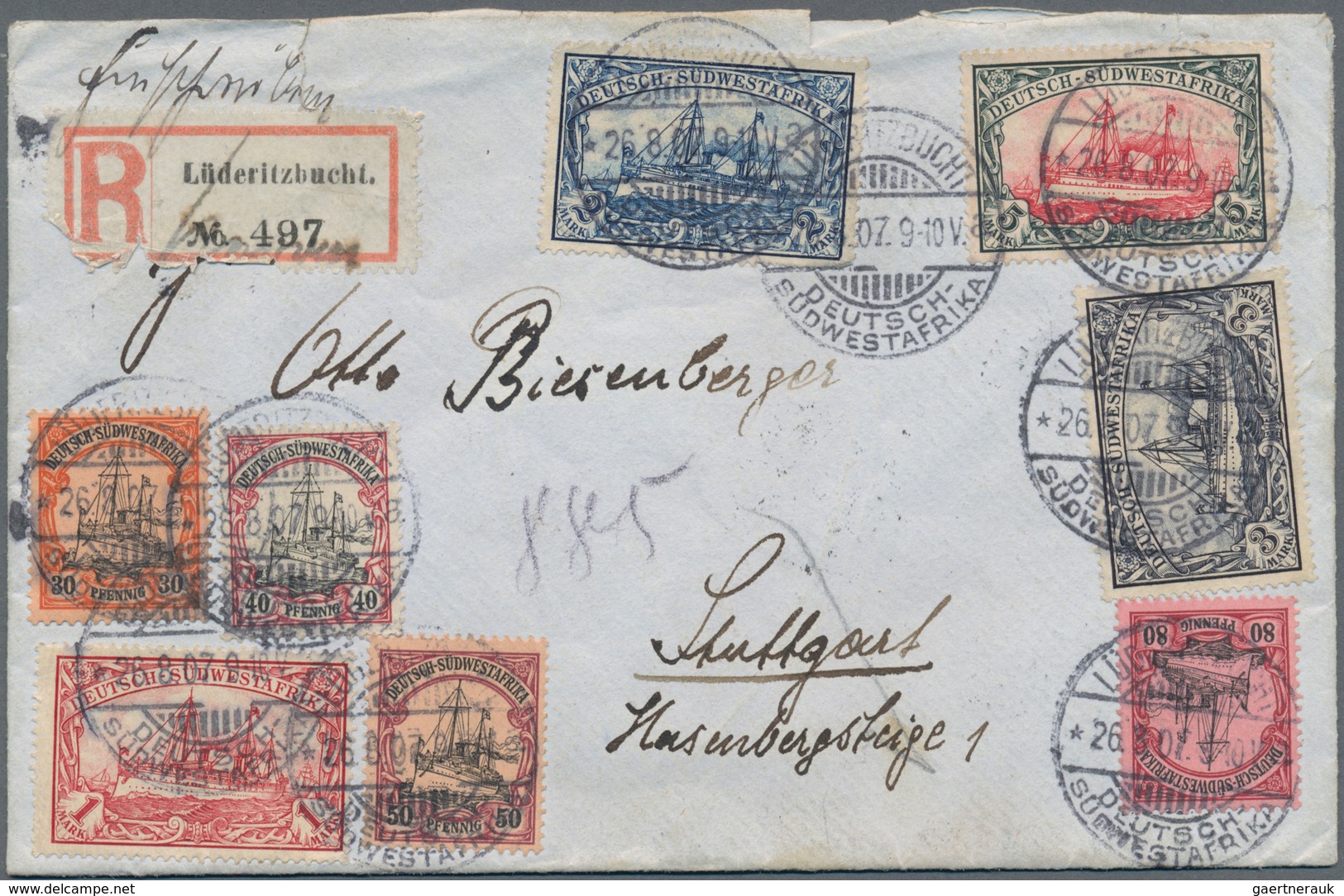 Deutsch-Südwestafrika: 1901, Schiffszeichnung O.Wz. 30 Pfg.-5 Mark, Attraktive Frankatur Auf R-Brief - Duits-Zuidwest-Afrika
