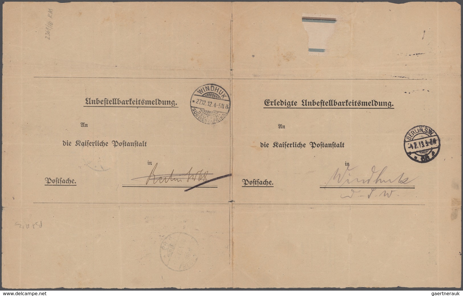 Deutsch-Südwestafrika: 1912, Unbestellbarkeitsmeldung Wegen Eines Paketes Als Postsache Von "WINDHUK - Duits-Zuidwest-Afrika