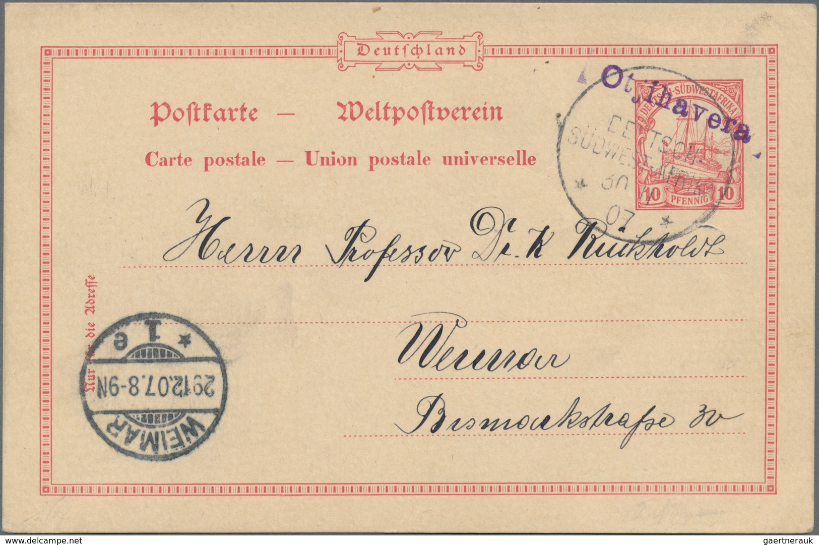 Deutsch-Südwestafrika - Stempel: "Otjihavera", Violetter L1 Auf Wanderstempel Vom 30.11.1907 (Erstta - Africa Tedesca Del Sud-Ovest