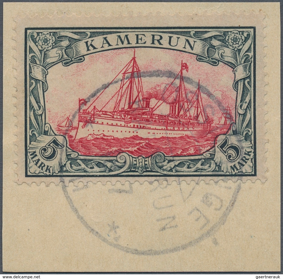 Deutsche Kolonien - Kamerun: 1900, 5 Mark Kaiseryacht Ohne Wasserzeichen, Luxus-Briefstück Mit Gutem - Camerun