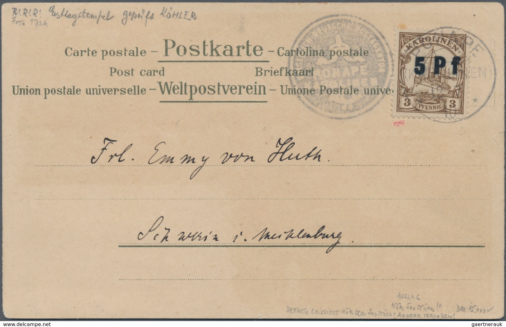 Deutsche Kolonien - Karolinen: 1910, 2. PONAPE - AUSGABE, 5 Pfg. Handstempelaufdruck Auf 3 Pfg. Kais - Isole Caroline