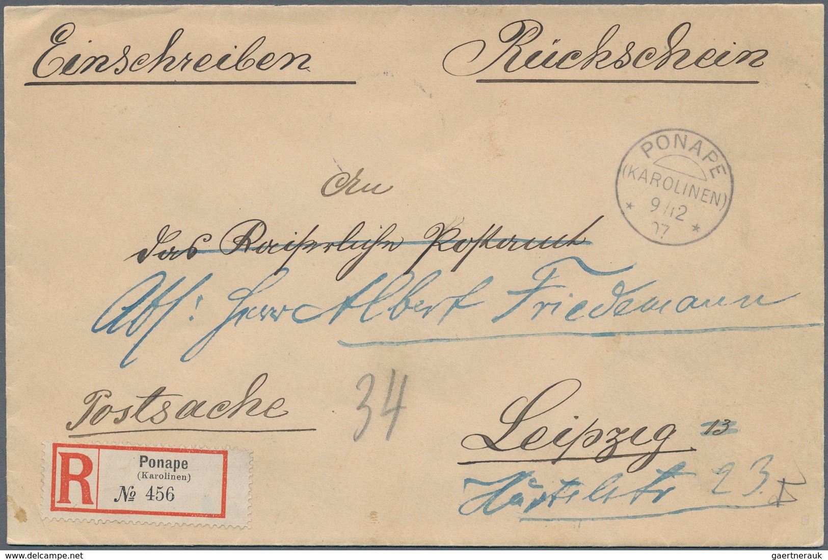 Deutsche Kolonien - Karolinen: 1907, Portofreie Postsache Per Einschreiben/Rückschein Ab "PONAPE KAR - Isole Caroline