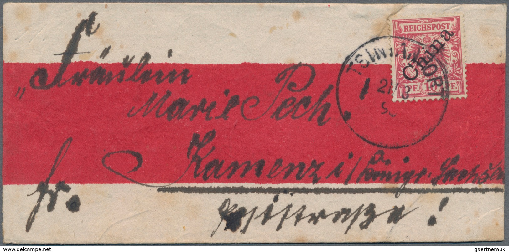 Deutsche Kolonien - Kiautschou-Vorläufer: 1898, 10 Pf. Steil Ab "TSINTANFORT 21/3 98" A. Rotbandbrie - Kiautchou