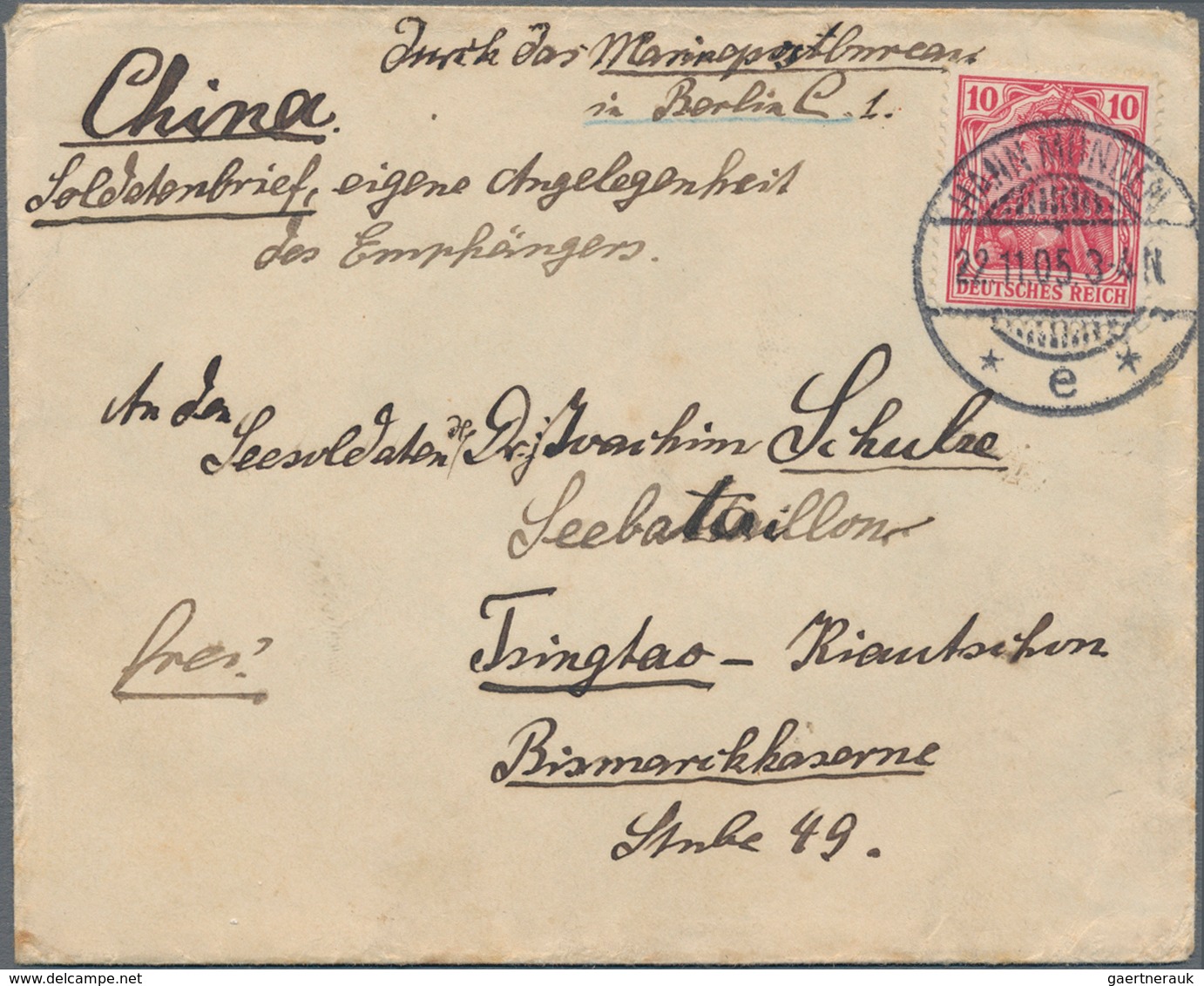 Deutsche Kolonien - Kiautschou: 1905, "BERLIN 1 MARINE-POSTBUREAU 23/II 05" Auf Brief "Soldatenbrief - Kiaochow