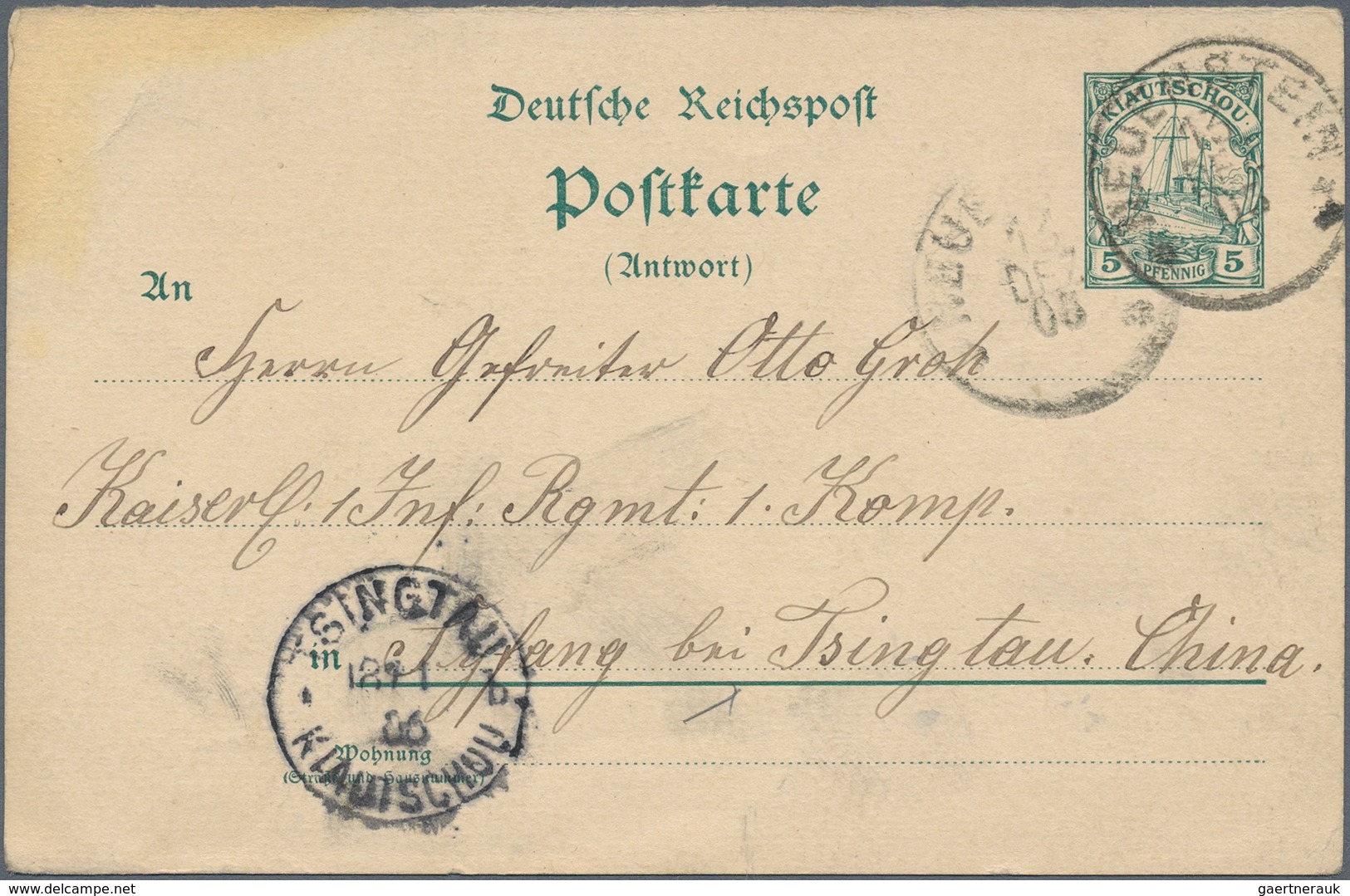 Deutsche Kolonien - Kiautschou - Ganzsachen: 1905, 5 Pfg. Antwortkarte Mit Sehr Viel Text Ab "NEUENS - Kiaochow