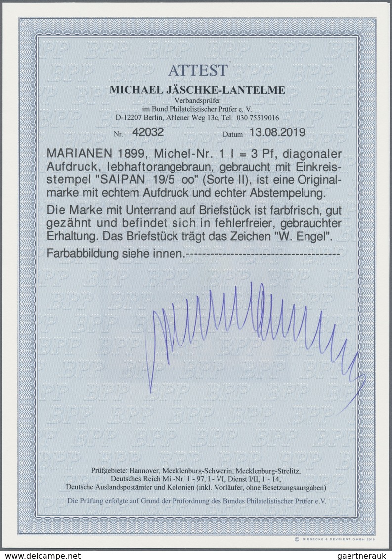 Deutsche Kolonien - Marianen: 1899, 3 Pfg. Mit Diagonalem Aufdruck, Lebhaftorangebraun Vom Unterrand - Marianen