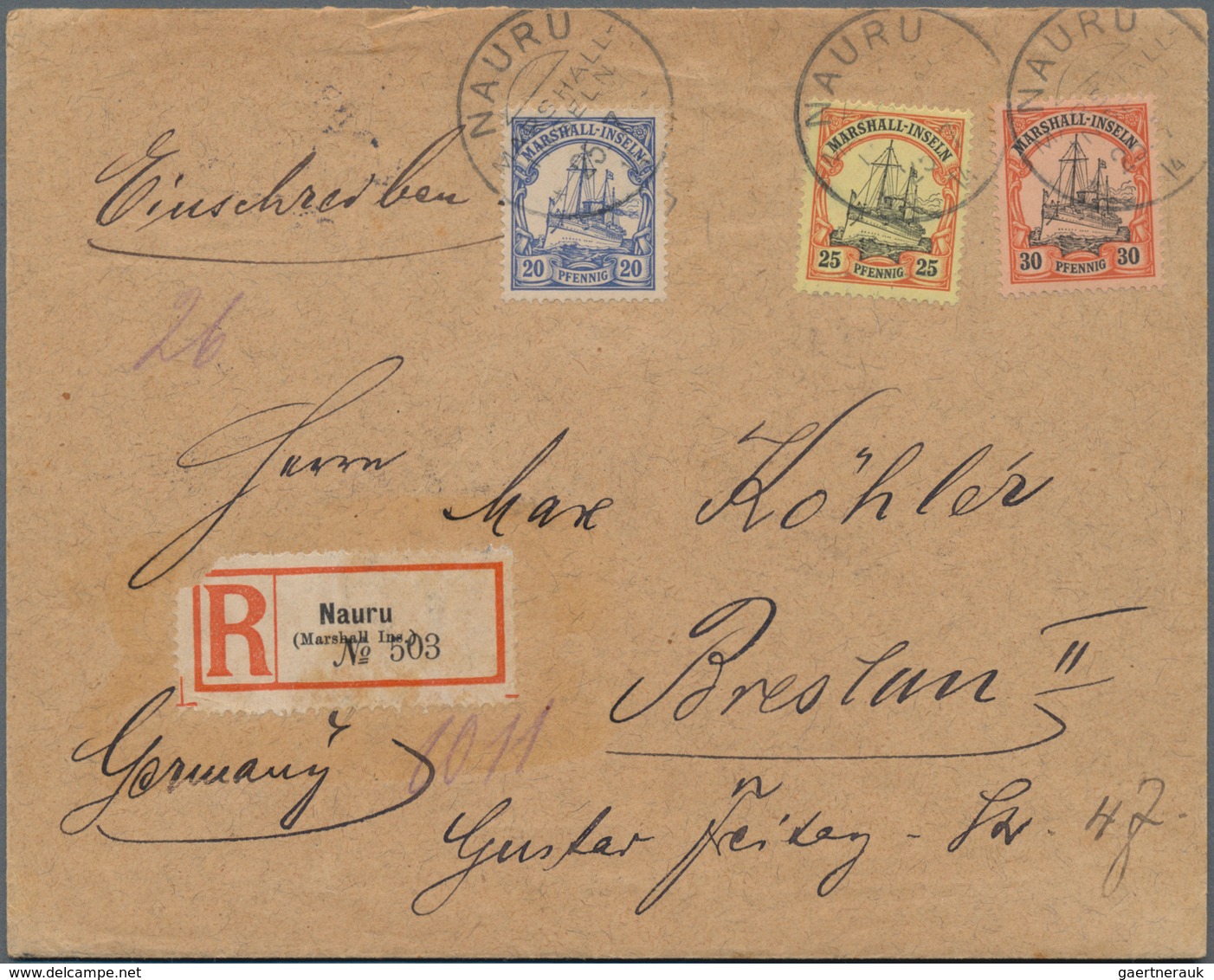 Deutsche Kolonien - Marshall-Inseln: 1914, Einschreiben Ab "NAURU MARSHALL INSELN 25.7.14" Frankiert - Isole Marshall