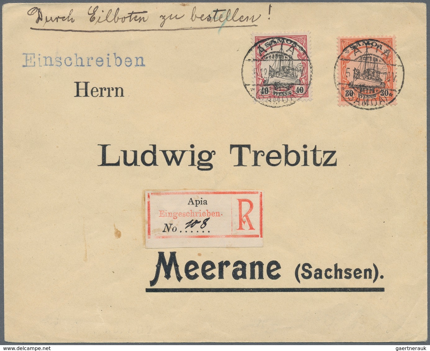 Deutsche Kolonien - Samoa: 1906, 30 Und 40 Pfg. Kaiseryacht Auf Vordruck Einschreiben/Eilboten Ab "A - Samoa