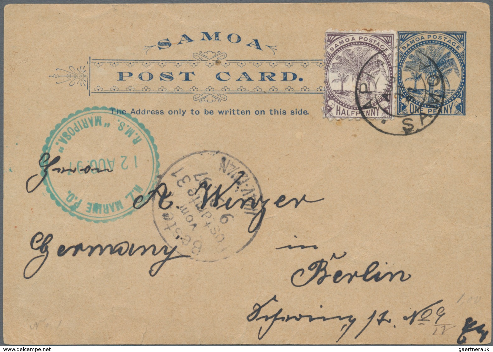 Deutsche Kolonien - Samoa - Ganzsachen: 1897, J.Davis-Privatpost, Karte 1 P. Blau Auf Graubraun Mit - Samoa