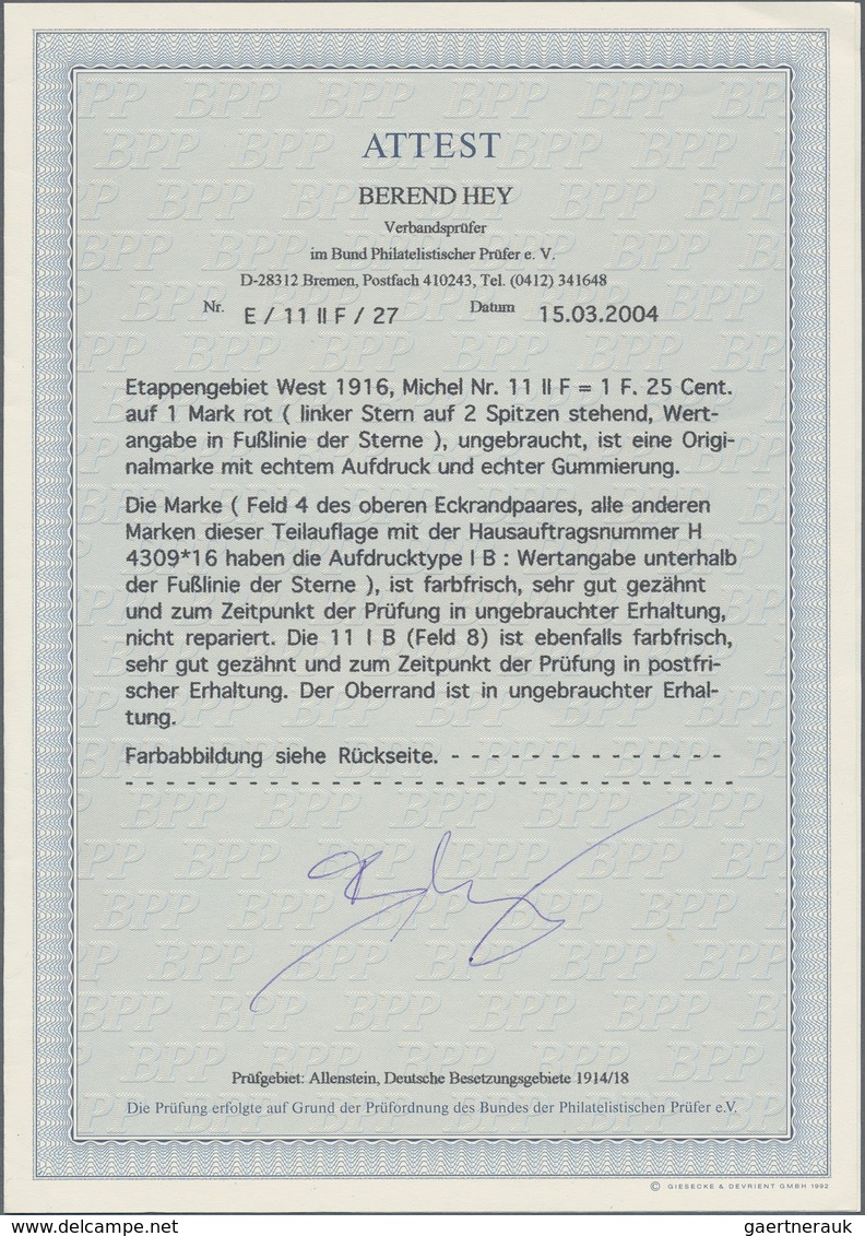 Deutsche Besetzung I. WK: Etappengebiet West: 1916, 1F. 25 Cent Auf 1 MK. Rot, Linker Stern Auf 2 Sp - Bezetting 1914-18