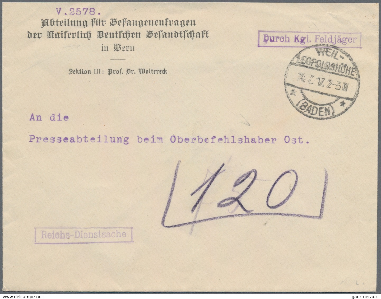 Feldpost 1. Weltkrieg: 1917, "Kais. Dt. Gesandschaft Bern/Abt. Für Gefangenenfragen" Reichs-Dienstbr - Andere & Zonder Classificatie