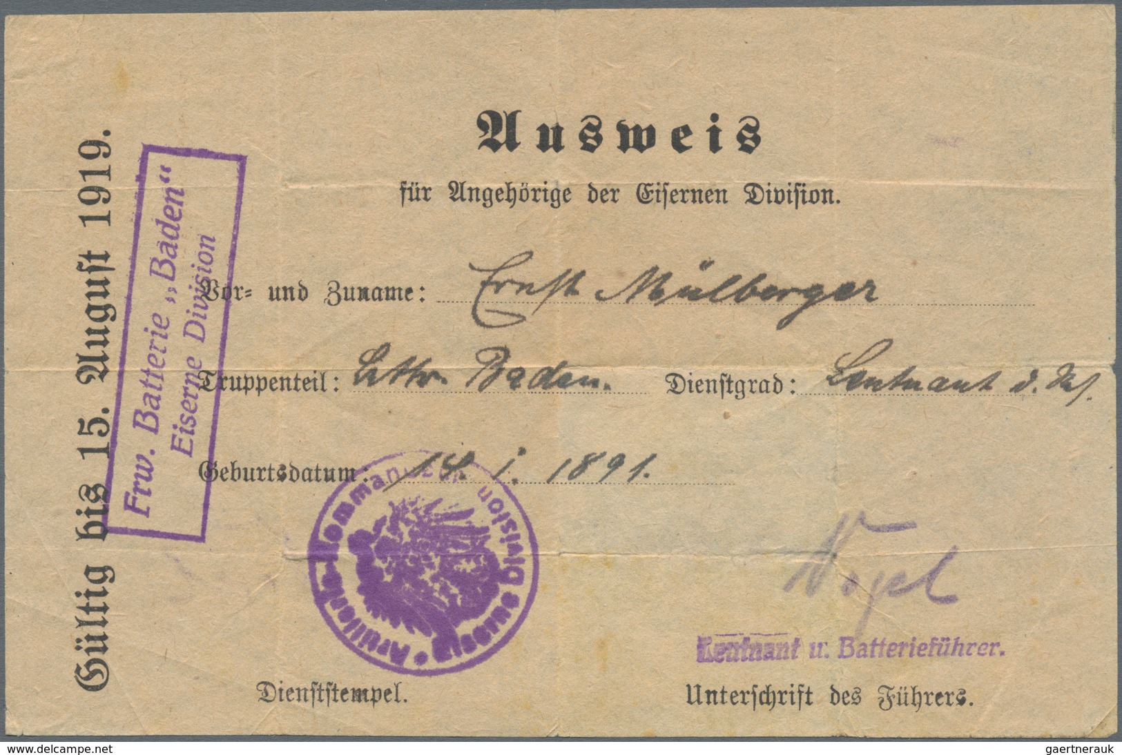 Feldpost 1. Weltkrieg: 1919, Feldpostbrief (stockig) Mit Briefstempel "Pferdedepot Eis. Div." Und St - Altri & Non Classificati