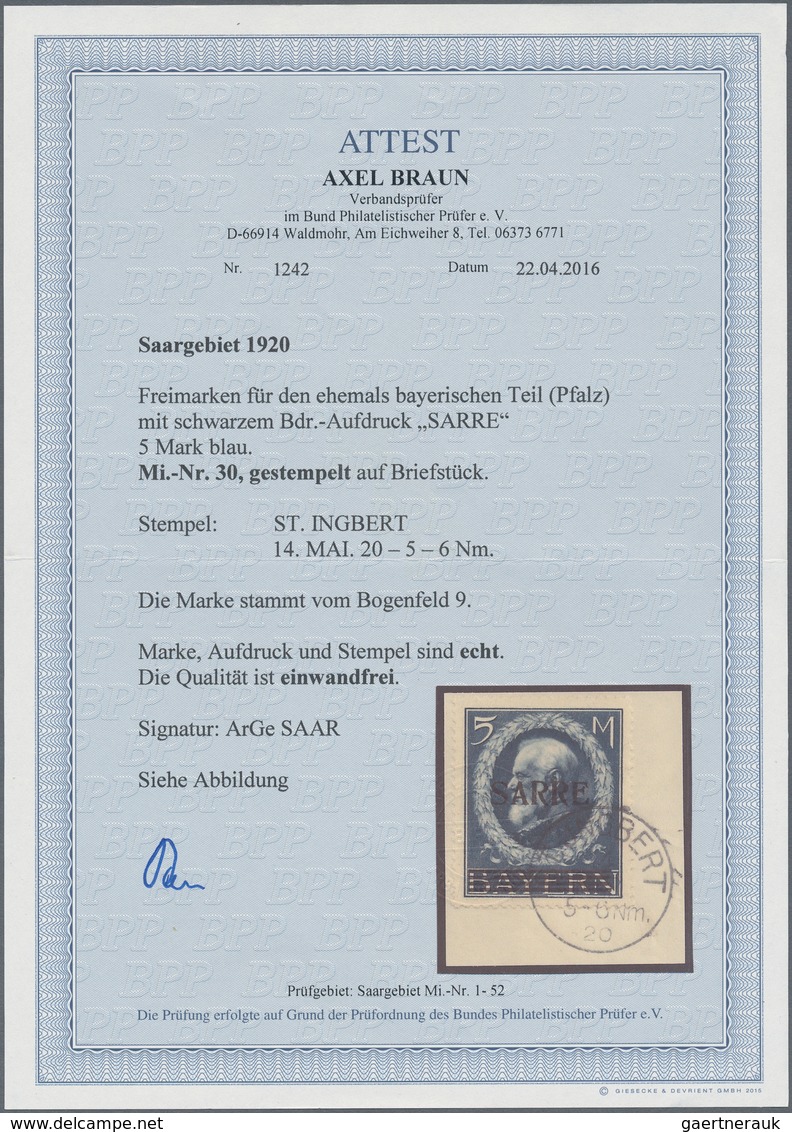 Deutsche Abstimmungsgebiete: Saargebiet: 1920, 5 Mark Blau, Sarre-Bayern Mit Aufdruck, Perfekt Zentr - Gebruikt