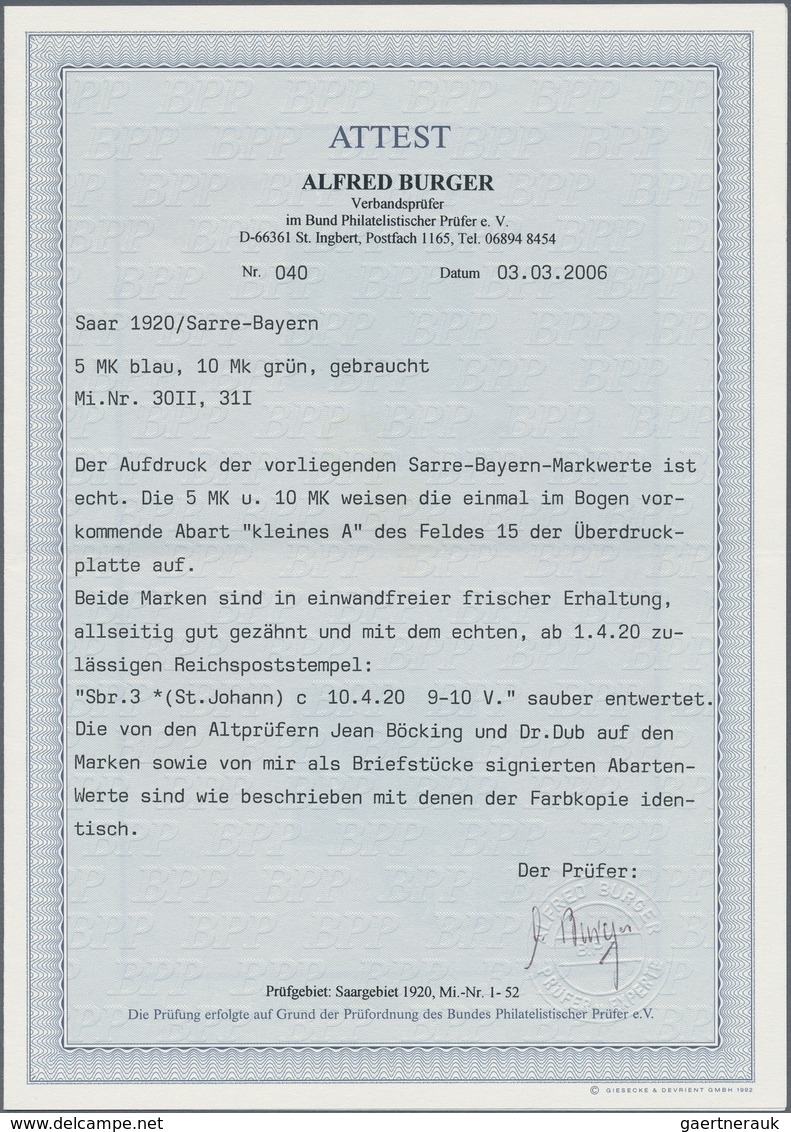 Deutsche Abstimmungsgebiete: Saargebiet: 1920, Freimarke: 5 Mark Blau, SARRE-Bayern Mit Aufdruck-Aba - Gebruikt