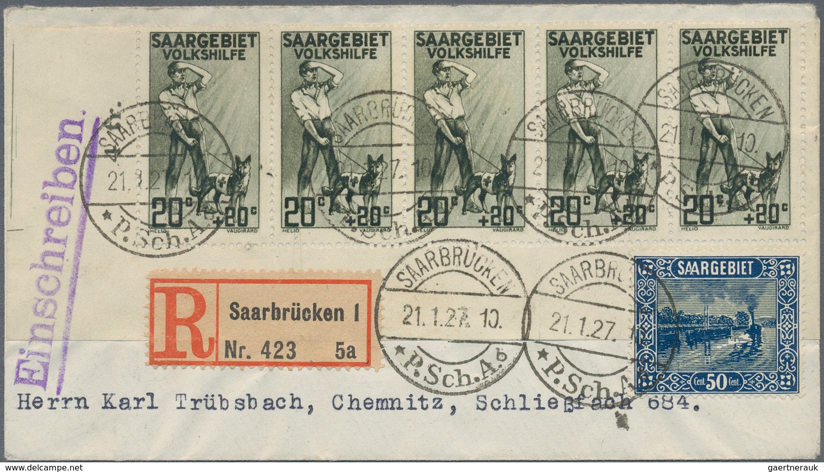 Deutsche Abstimmungsgebiete: Saargebiet: 1926, 20 C. Volkshilfe Im Waagerechten 5er-Streifen Mit ABA - Gebruikt