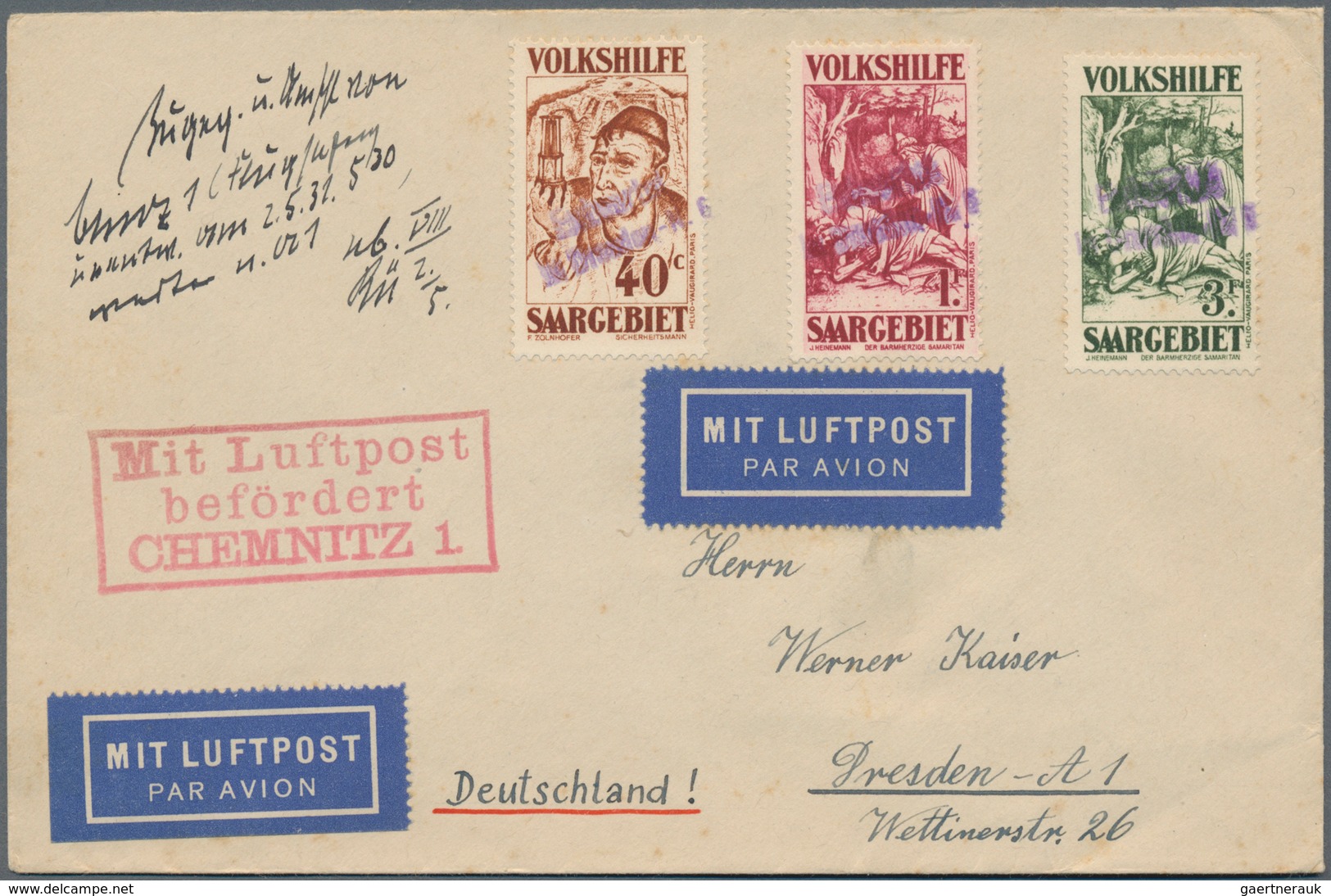 Deutsche Abstimmungsgebiete: Saargebiet: 1931, Volkshilfe: Gemälde (III), 2 Luftpost-R-Briefe Nach D - Gebruikt
