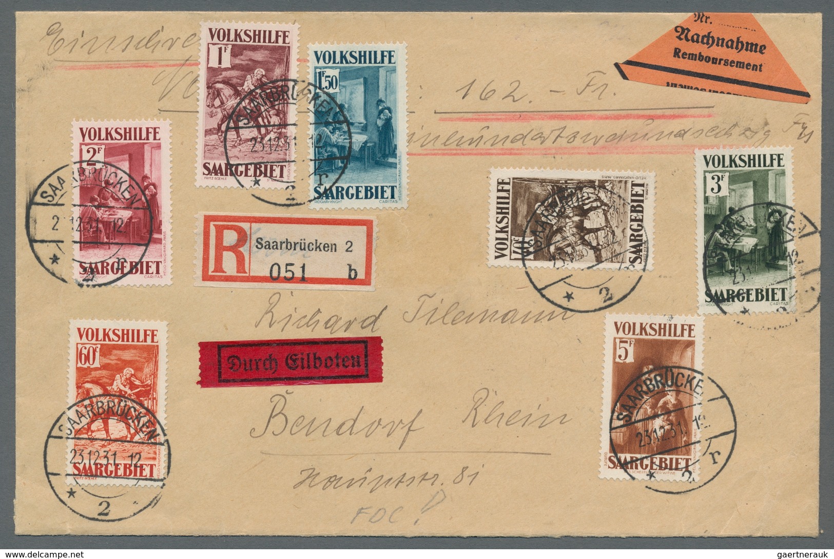 Deutsche Abstimmungsgebiete: Saargebiet: 1931, "Volkshilfe" Komplett Auf Satz-Eil-R-Brief Mit Nachna - Gebruikt