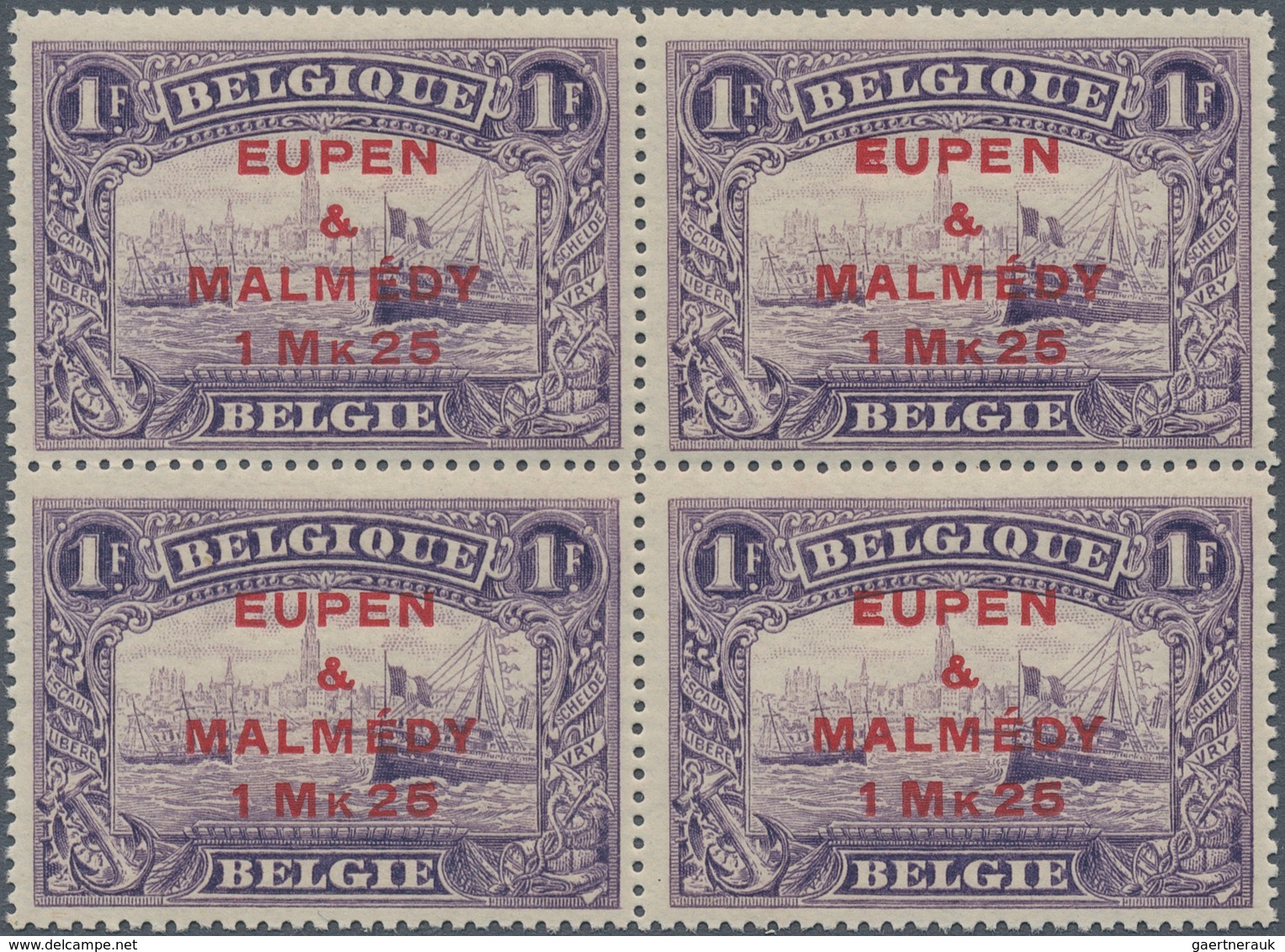 Belgische Besetzung - Eupen Und Malmedy: 1920, 1 Mk. 25 Auf 1 Fr Im Postfrischen Luxus-Viererblock O - OC38/54 Belgische Bezetting In Duitsland