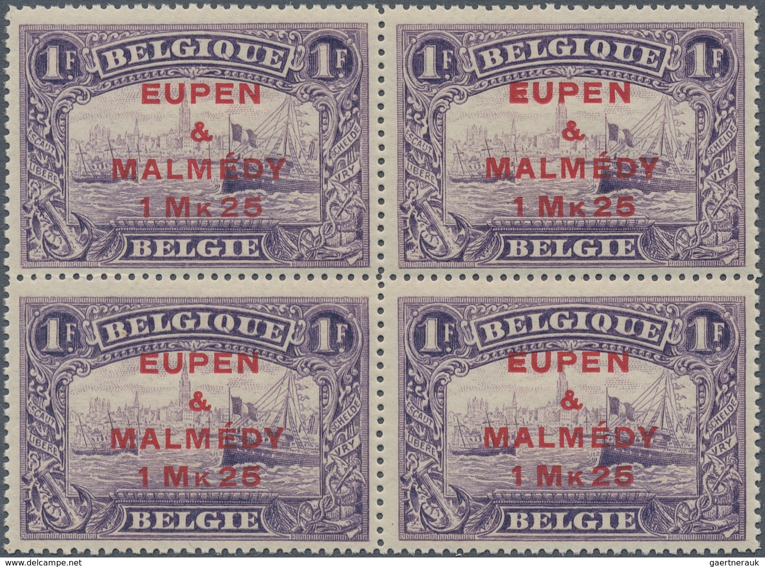 Belgische Besetzung - Eupen Und Malmedy: 1920, 1 Mk. 25 Auf 1 Fr Im Postfrischen Luxus-Viererblock O - OC38/54 Occupazione Belga In Germania