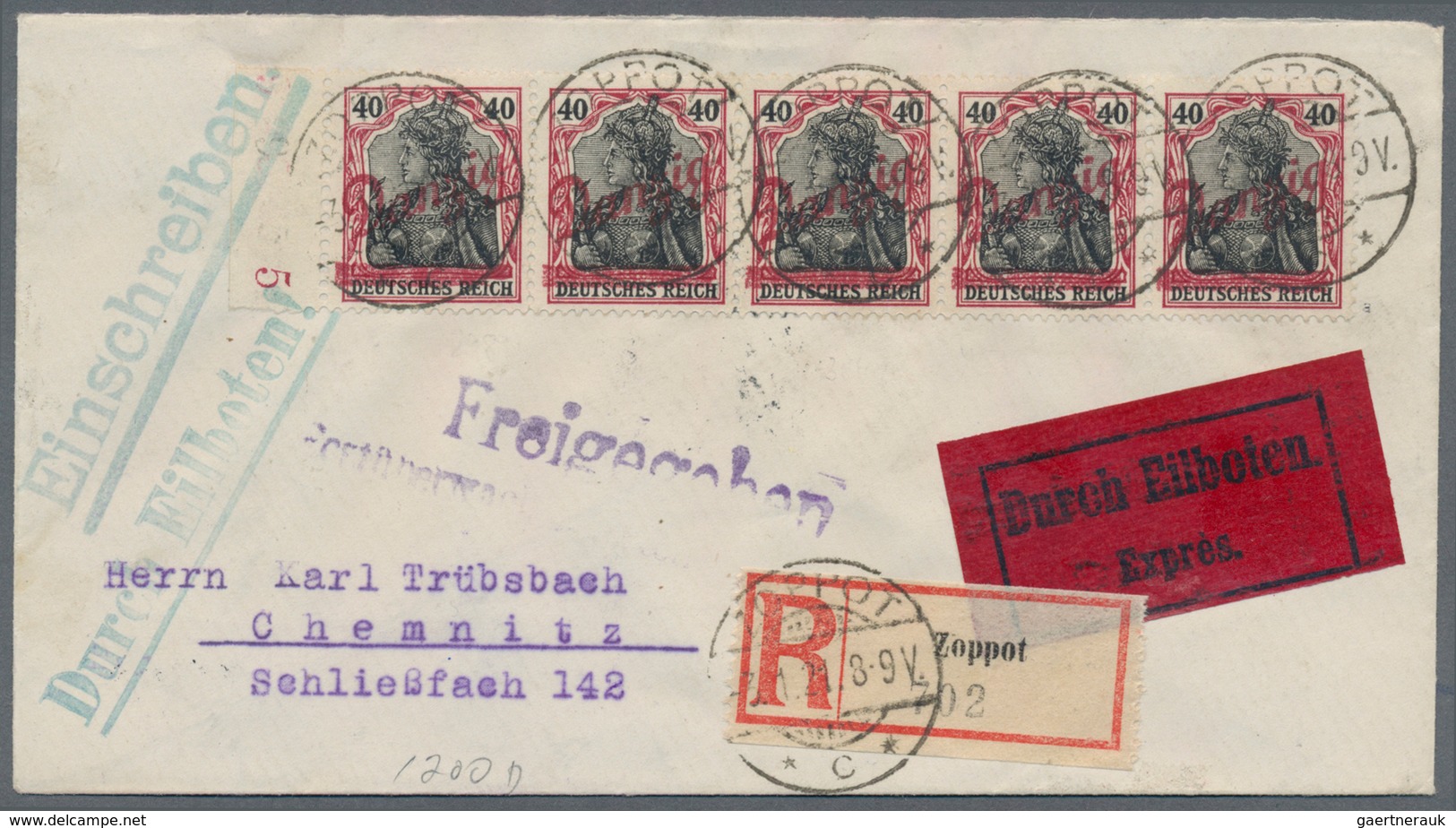 Danzig: 1920, Kleiner Innendienst 40 Pfg. Karminrot/schwarz Im Waagerechten Rand-5er-Streifen Auf R- - Otros & Sin Clasificación