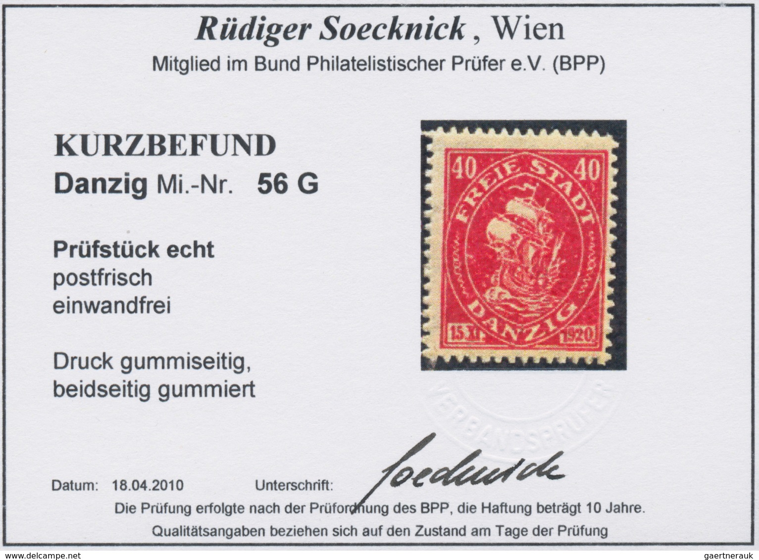 Danzig: 1921, 40 Pf Karmin, Druck Gummiseitig Und Beidseitig Gummiert, „echt Und Einwandfrei”, Kurzb - Altri & Non Classificati