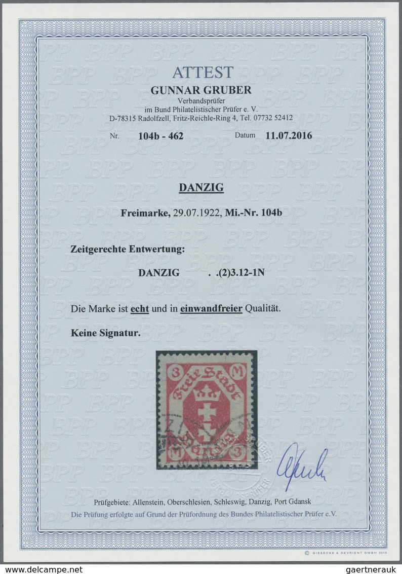 Danzig: 1922 3 M. Karminrot, Sauber Und Zeitgerecht Gestempelt "DANZIG ... 23" In Einwandfreier Erha - Altri & Non Classificati