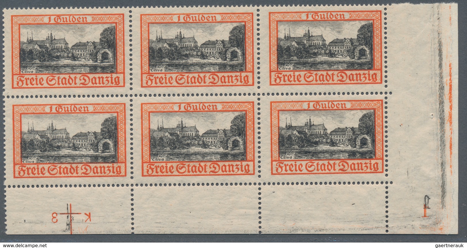 Danzig: 1938, 1 Gulden Gelblichrot/schwarz Im 6er-Block Aus Der Rechten Unteren Bogenecke Mit PLATTE - Altri & Non Classificati