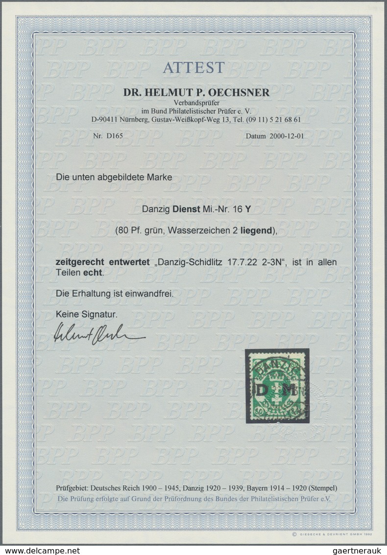 Danzig - Dienstmarken: 1922, Dienstmarke 80 Pfg. Grün, Wasserzeichen 2, Liegend Mit Zentrisch Aufges - Andere & Zonder Classificatie
